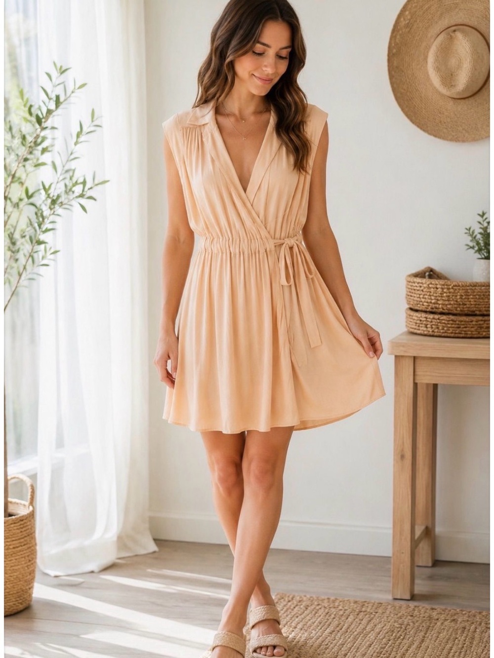 POL V-Neck Surplice Sleeveless Side Waist Tie Wrap Flowy Dress Apricot SZ S